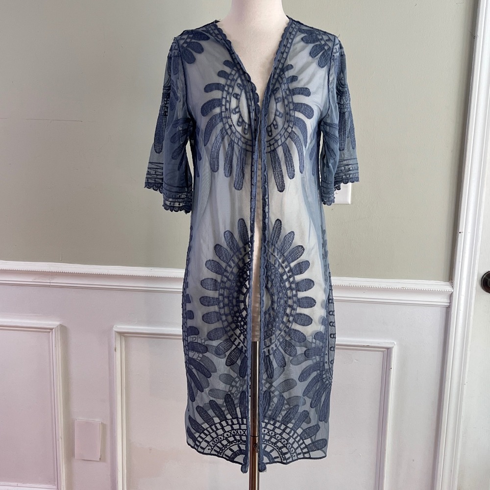 Rebellion Lace Sheer Kimono Cardigan OS Women Hippie Mesh Blue Layering Ethereal